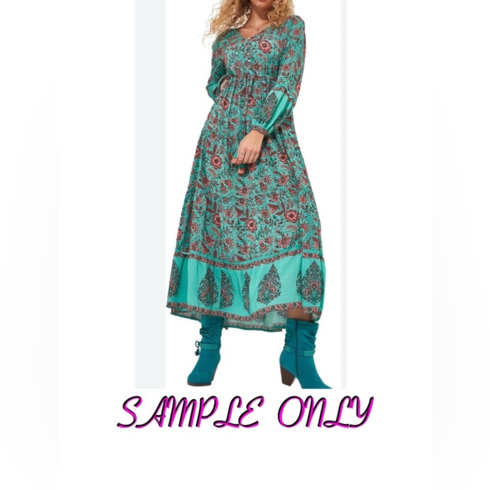 Follow Your Soul Vintage Silk Blend Boho Floral Maxi Dress in Teal